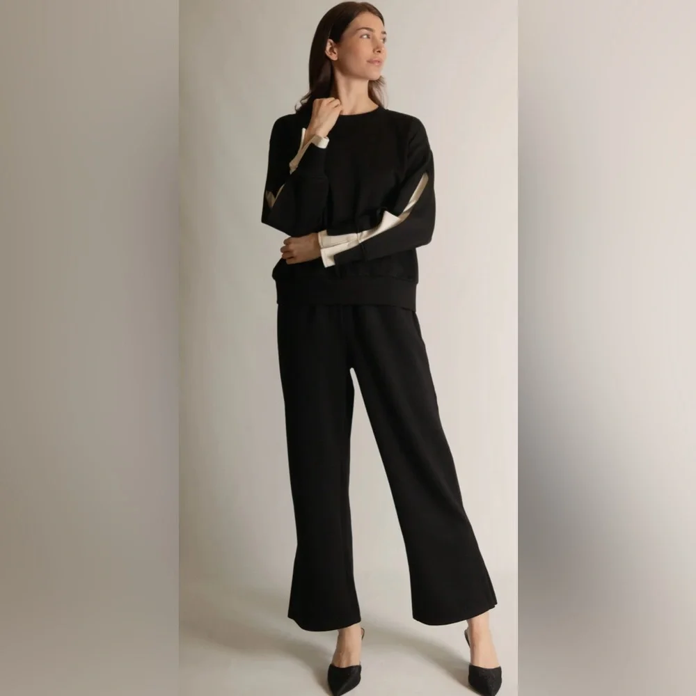 P.CILL‎ Blake Wide Leg Pants with Bottom Slits Butter Modal Black Size Small